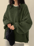Knit Jumper Grey Oversized Women's Crew Neck Drop-Shoulder – Casual, Office · Werune