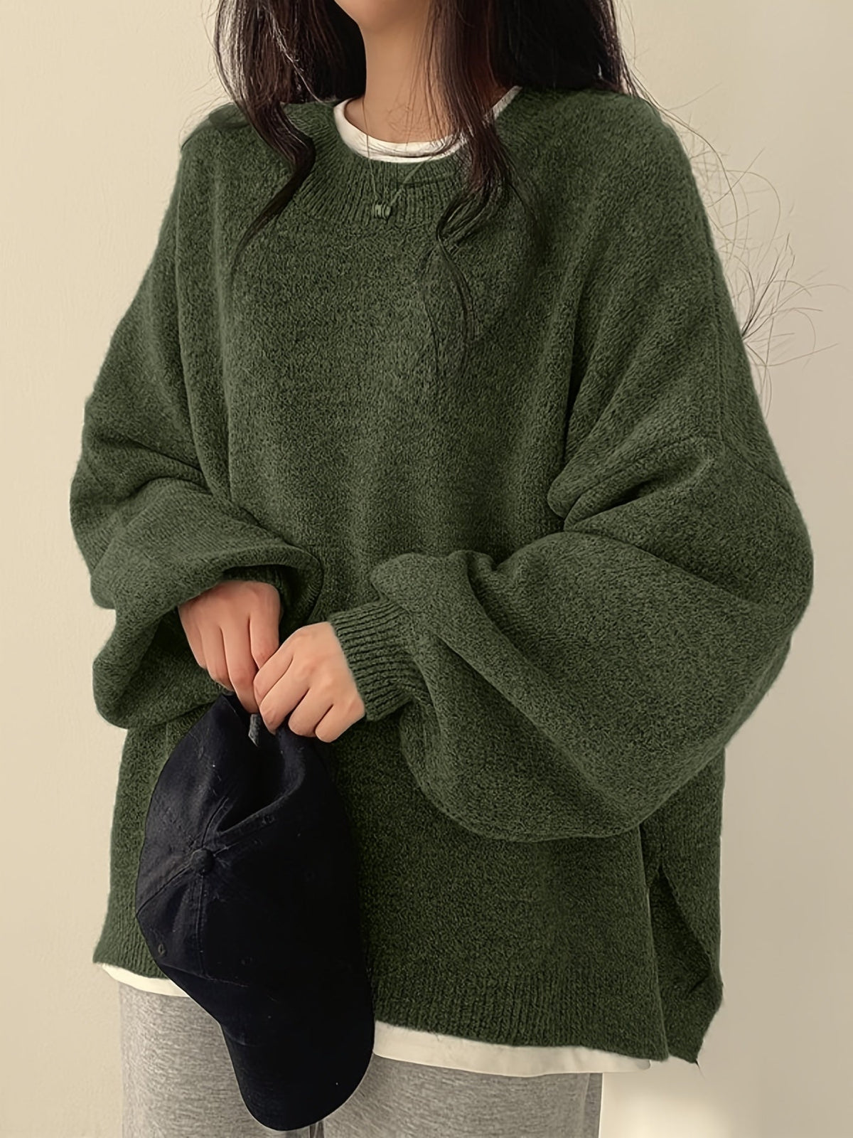 Knit Jumper Grey Oversized Women's Crew Neck Drop-Shoulder – Casual, Office · Werune