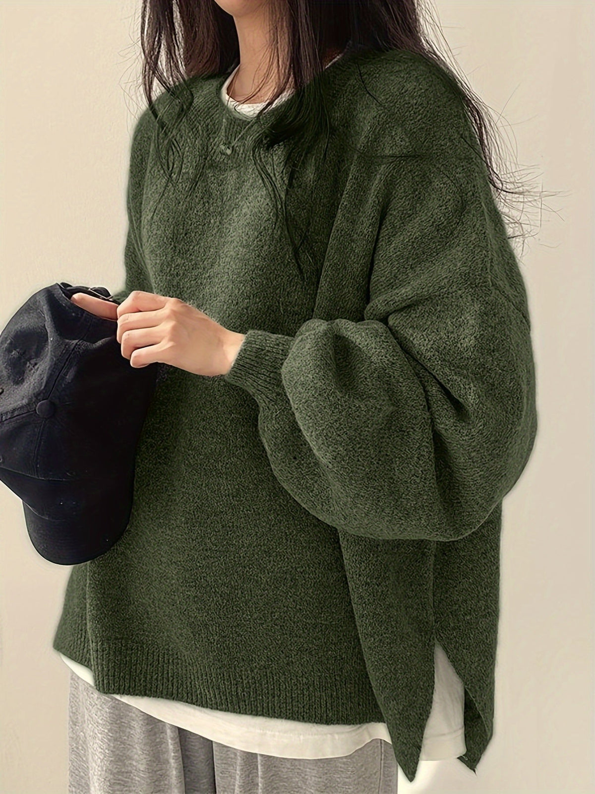 Knit Jumper Grey Oversized Women's Crew Neck Drop-Shoulder – Casual, Office · Werune