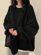 Knit Jumper Grey Oversized Women's Crew Neck Drop-Shoulder – Casual, Office · Werune