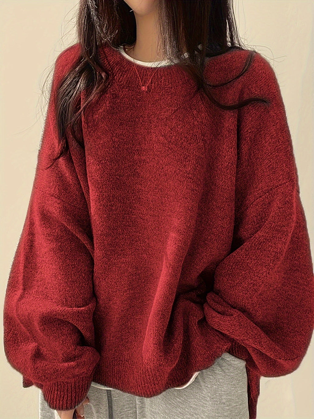 Knit Jumper Grey Oversized Women's Crew Neck Drop-Shoulder – Casual, Office · Werune