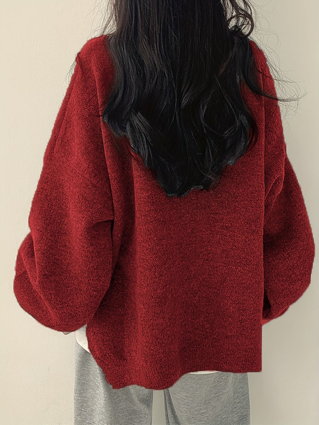 Knit Jumper Grey Oversized Women's Crew Neck Drop-Shoulder – Casual, Office · Werune