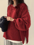Knit Jumper Grey Oversized Women's Crew Neck Drop-Shoulder – Casual, Office · Werune
