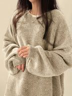 Knit Jumper Grey Oversized Women's Crew Neck Drop-Shoulder – Casual, Office · Werune