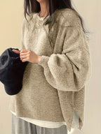 Knit Jumper Grey Oversized Women's Crew Neck Drop-Shoulder – Casual, Office · Werune