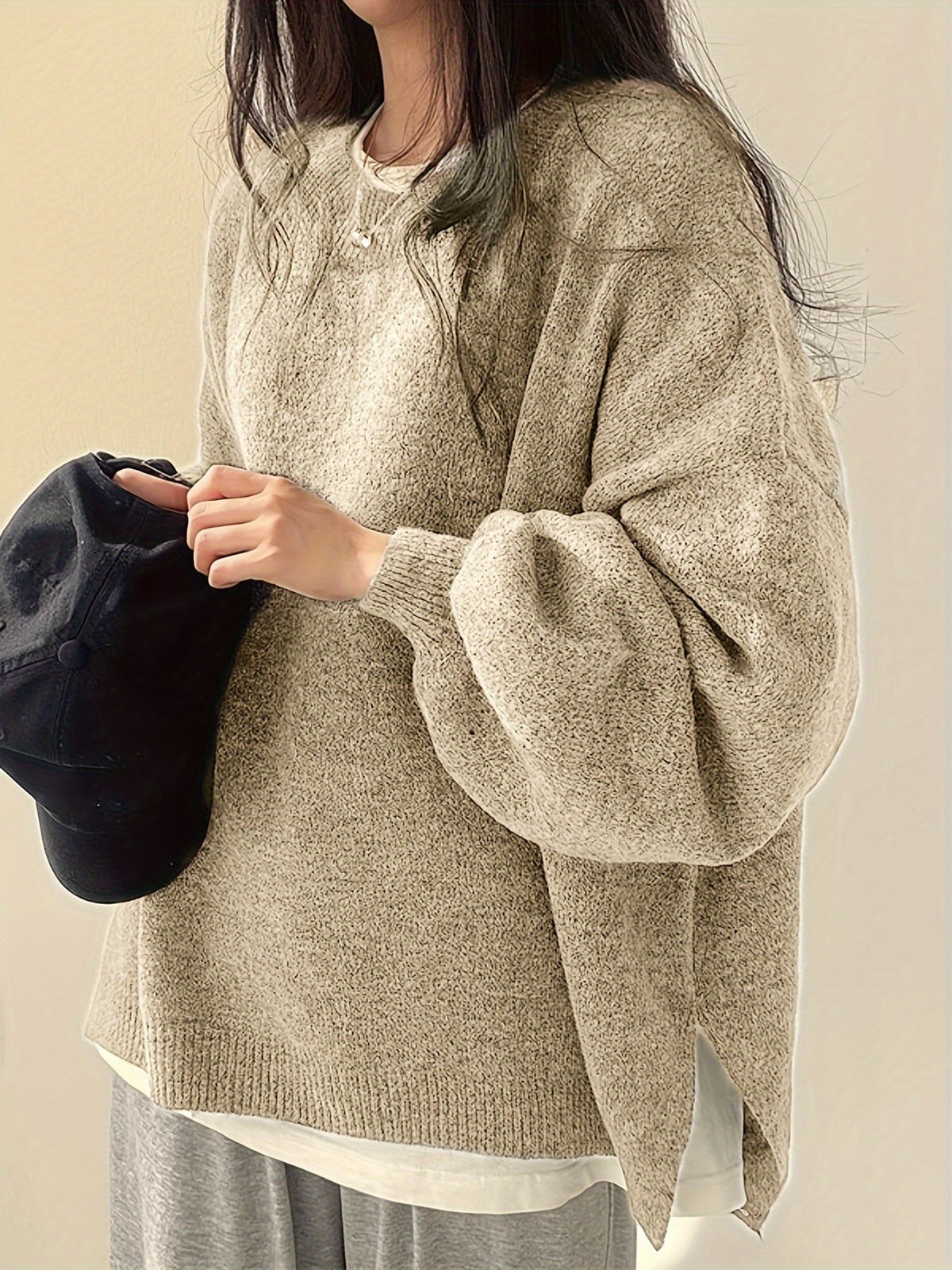 Knit Jumper Grey Oversized Women's Crew Neck Drop-Shoulder – Casual, Office · Werune