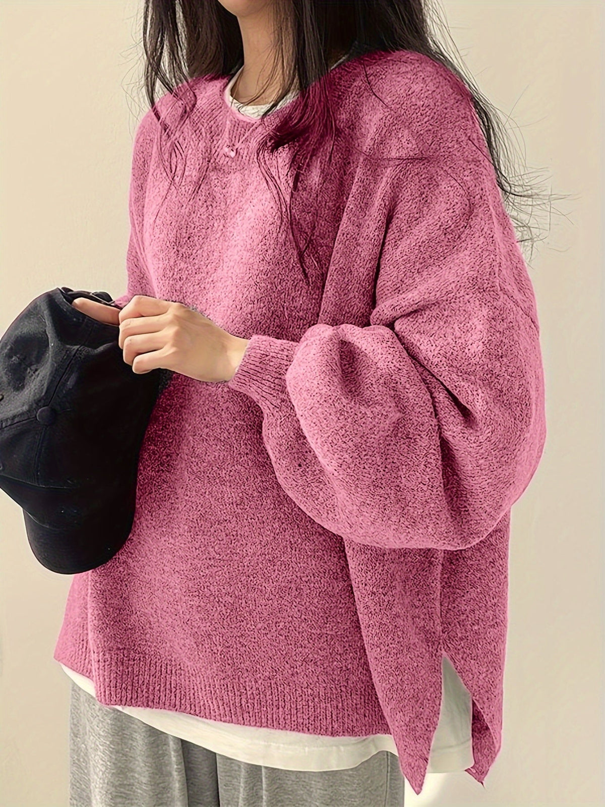 Knit Jumper Grey Oversized Women's Crew Neck Drop-Shoulder – Casual, Office · Werune