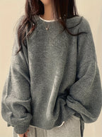 Knit Jumper Grey Oversized Women's Crew Neck Drop-Shoulder – Casual, Office · Werune