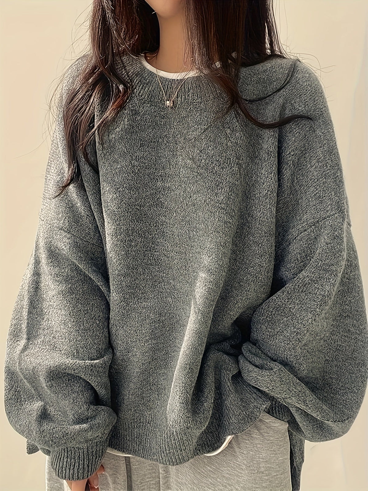 Knit Jumper Grey Oversized Women's Crew Neck Drop-Shoulder – Casual, Office · Werune