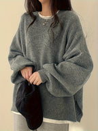 Knit Jumper Grey Oversized Women's Crew Neck Drop-Shoulder – Casual, Office · Werune