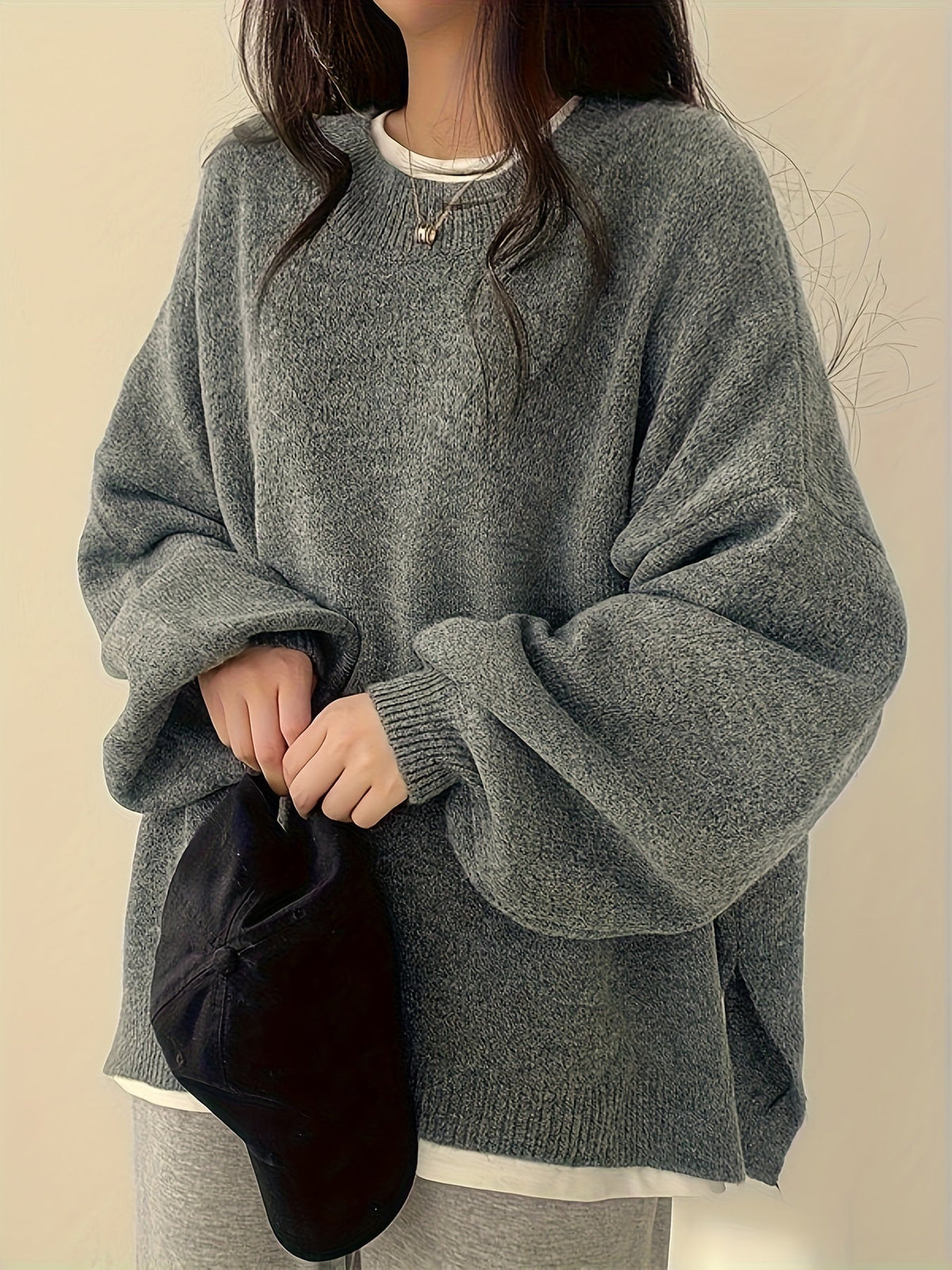 Knit Jumper Grey Oversized Women's Crew Neck Drop-Shoulder – Casual, Office · Werune