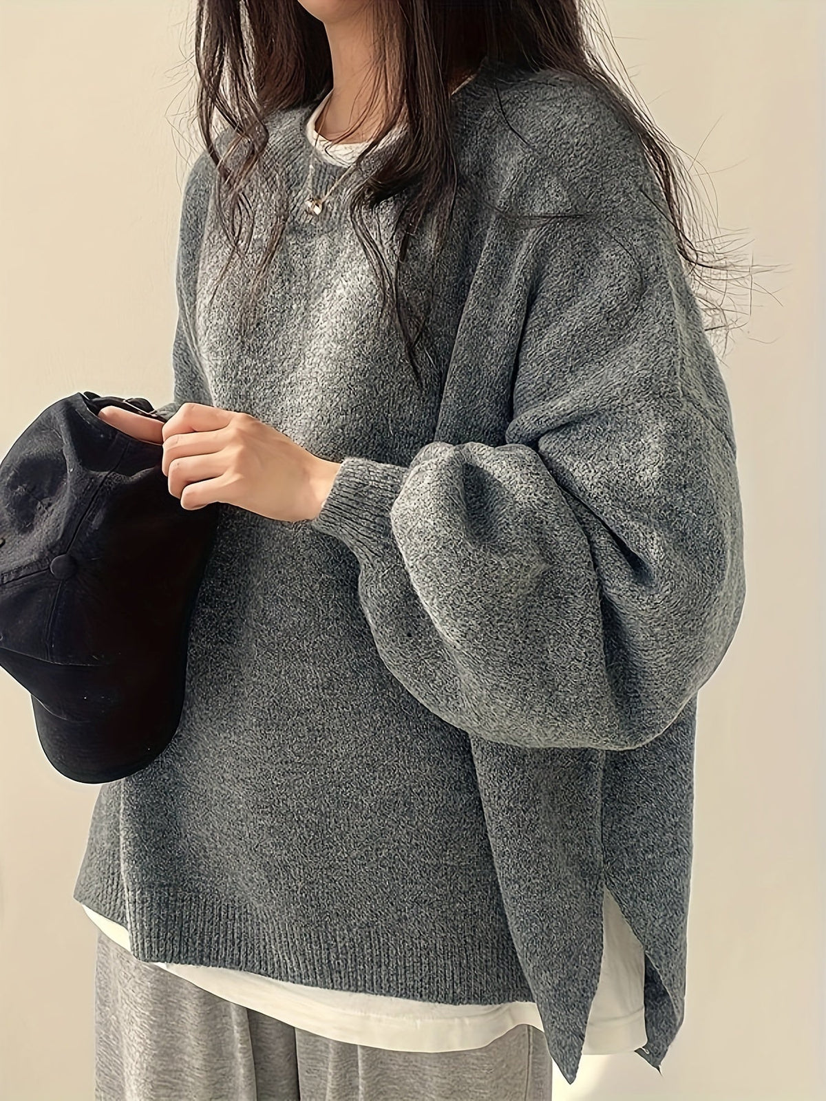 Knit Jumper Grey Oversized Women's Crew Neck Drop-Shoulder – Casual, Office · Werune
