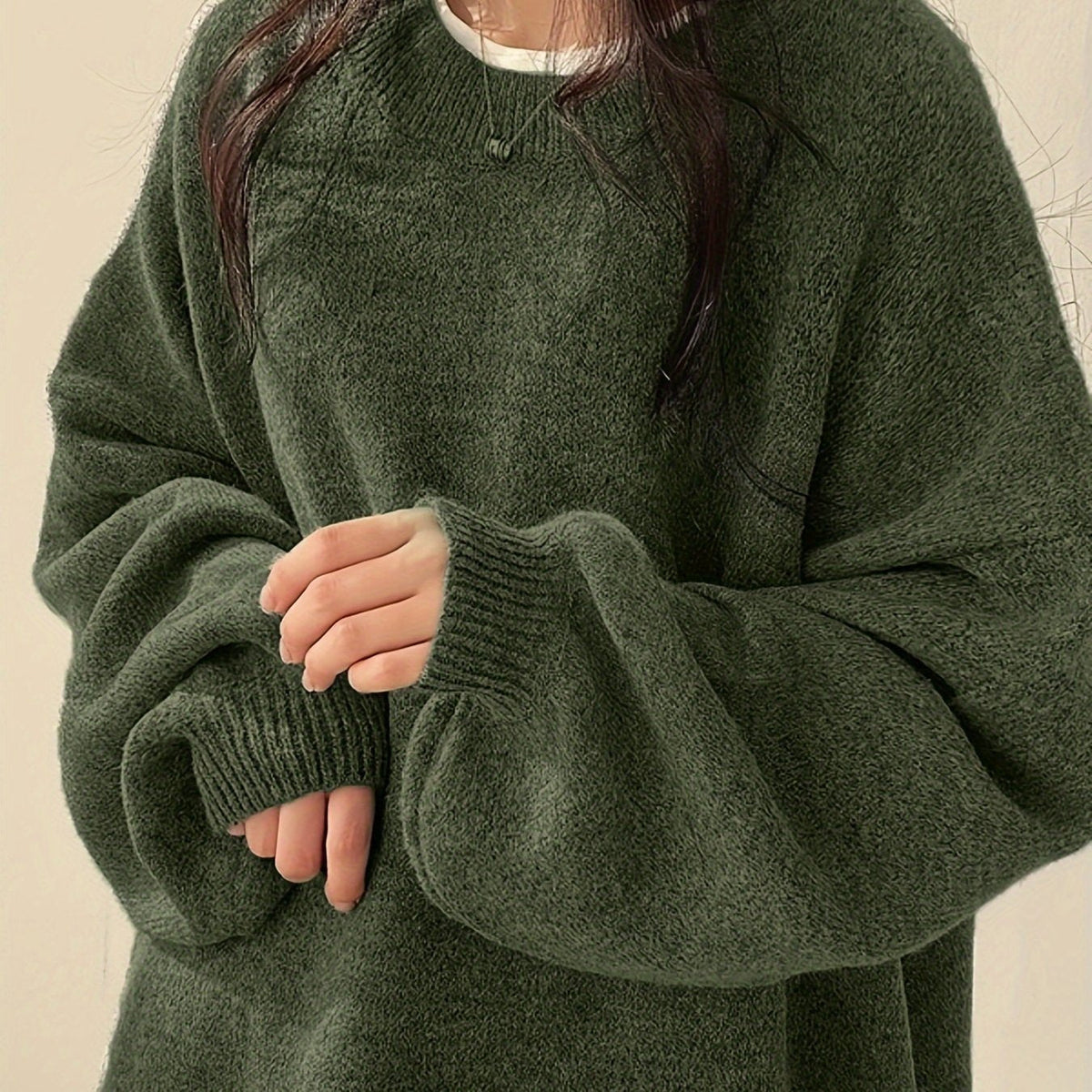 Knit Jumper Grey Oversized Women's Crew Neck Drop-Shoulder – Casual, Office · Werune