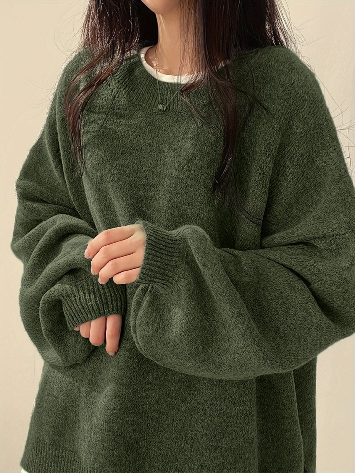 Knit Jumper Grey Oversized Women's Crew Neck Drop-Shoulder – Casual, Office · Werune
