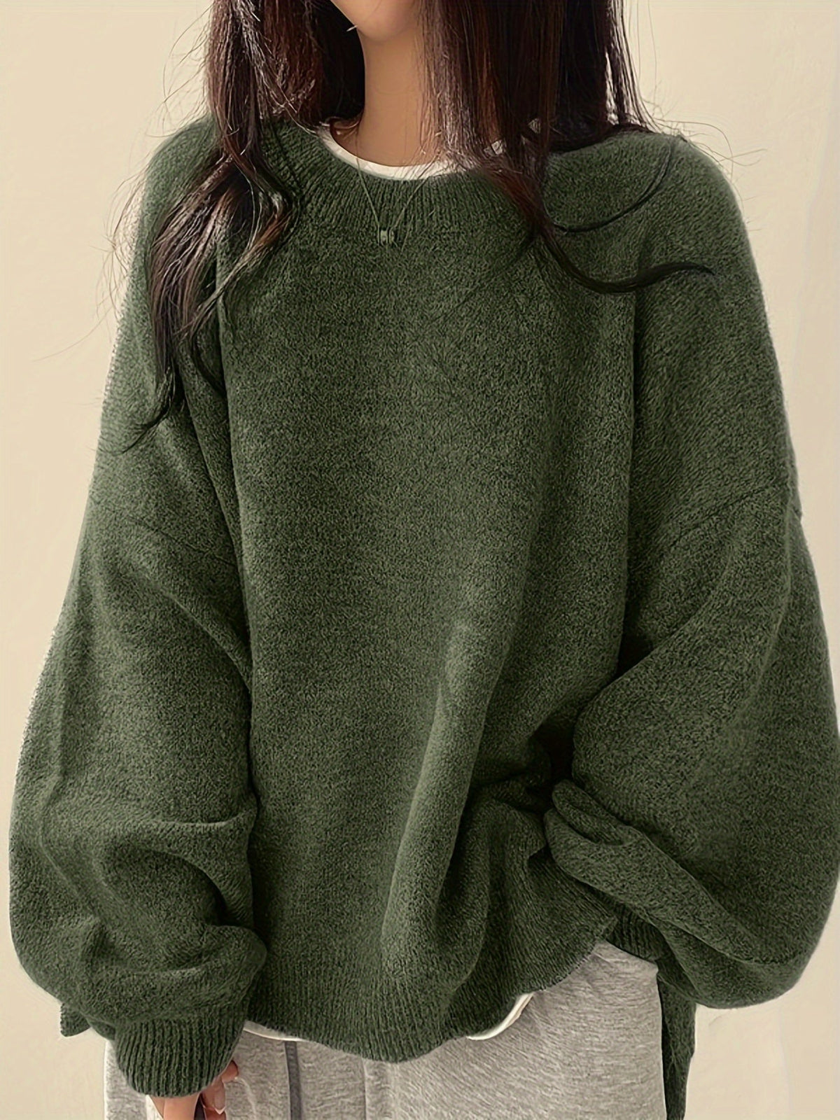 Knit Jumper Grey Oversized Women's Crew Neck Drop-Shoulder – Casual, Office · Werune