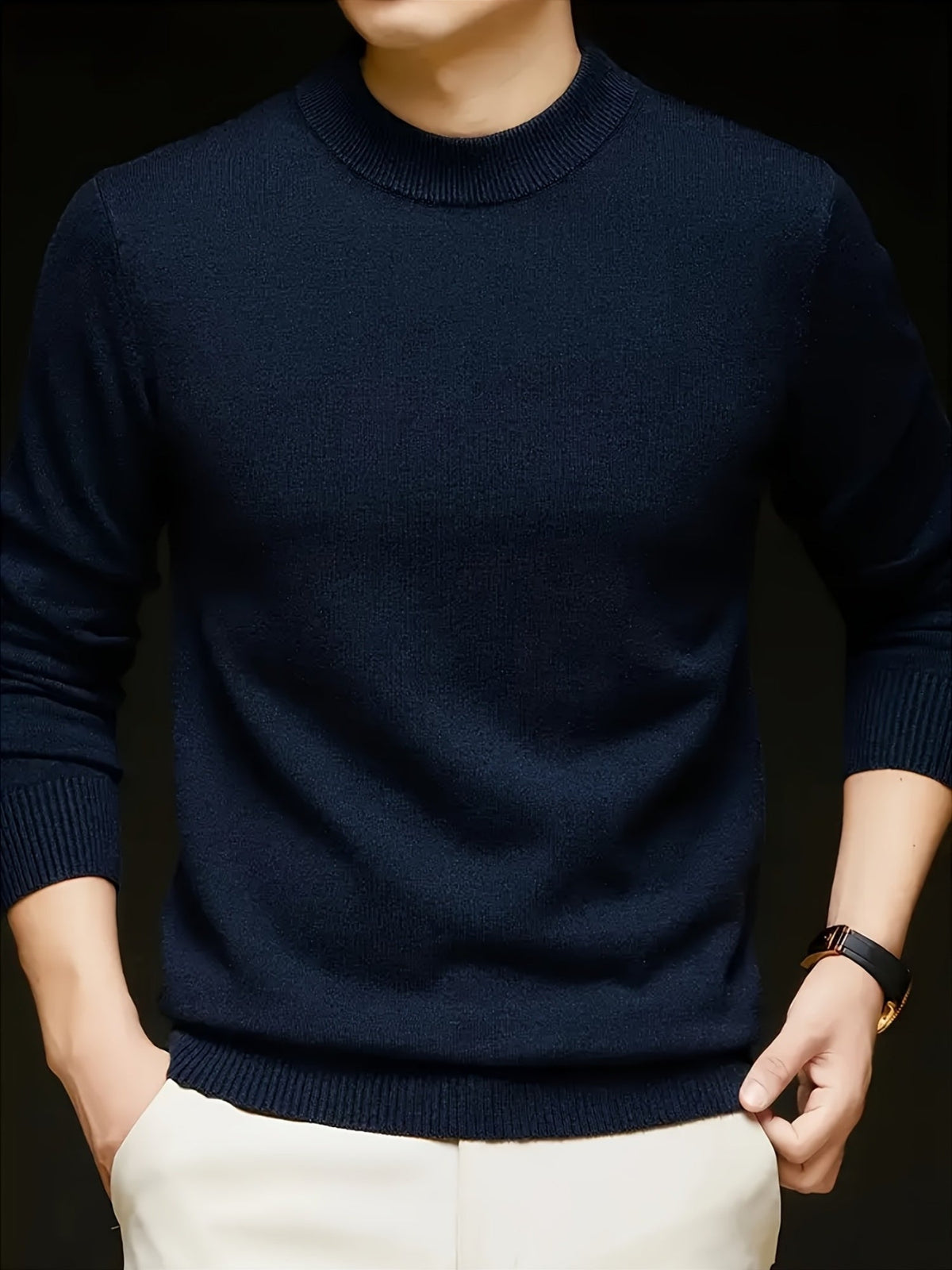 Knit Jumper Mock Neck Fleece-Lined Men's Pullover – Casual, Winter Warm Everyday Layering
