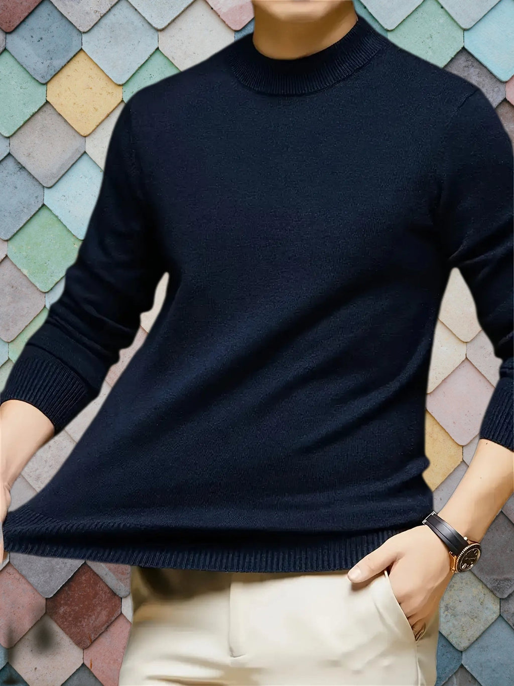 Knit Jumper Mock Neck Fleece-Lined Men's Pullover – Casual, Winter Warm Everyday Layering