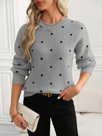 Knit Jumper Polka Dot Crew Neck Women's Beige Long Sleeve Pullover – Casual, Office, Autumn Winter