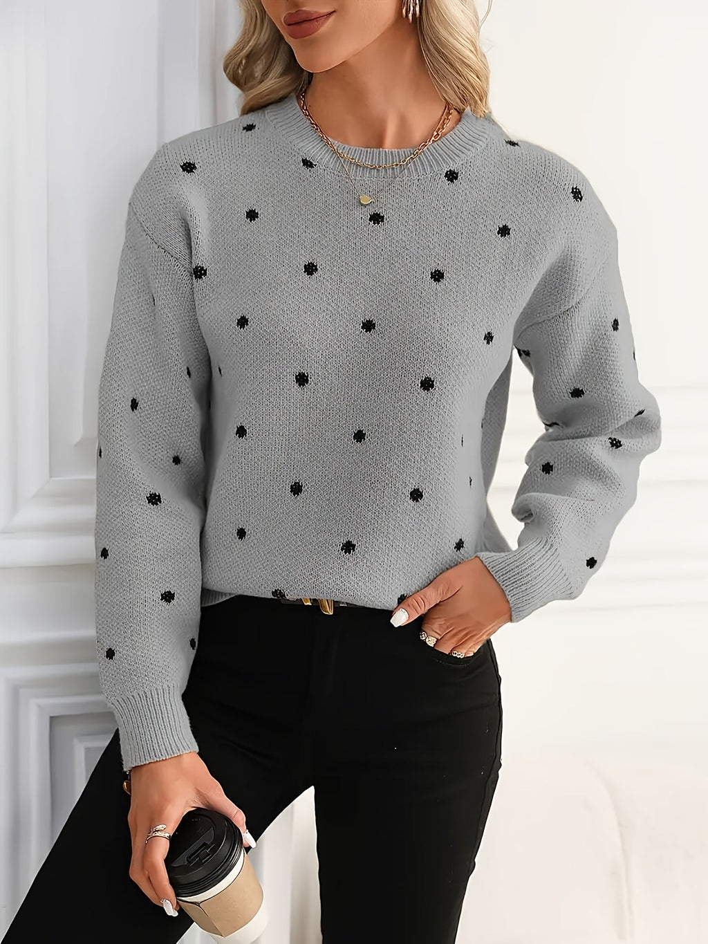 Knit Jumper Polka Dot Crew Neck Women's Beige Long Sleeve Pullover – Casual, Office, Autumn Winter