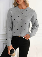 Knit Jumper Polka Dot Crew Neck Women's Beige Long Sleeve Pullover – Casual, Office, Autumn Winter