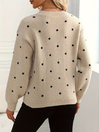 Knit Jumper Polka Dot Crew Neck Women's Beige Long Sleeve Pullover – Casual, Office, Autumn Winter