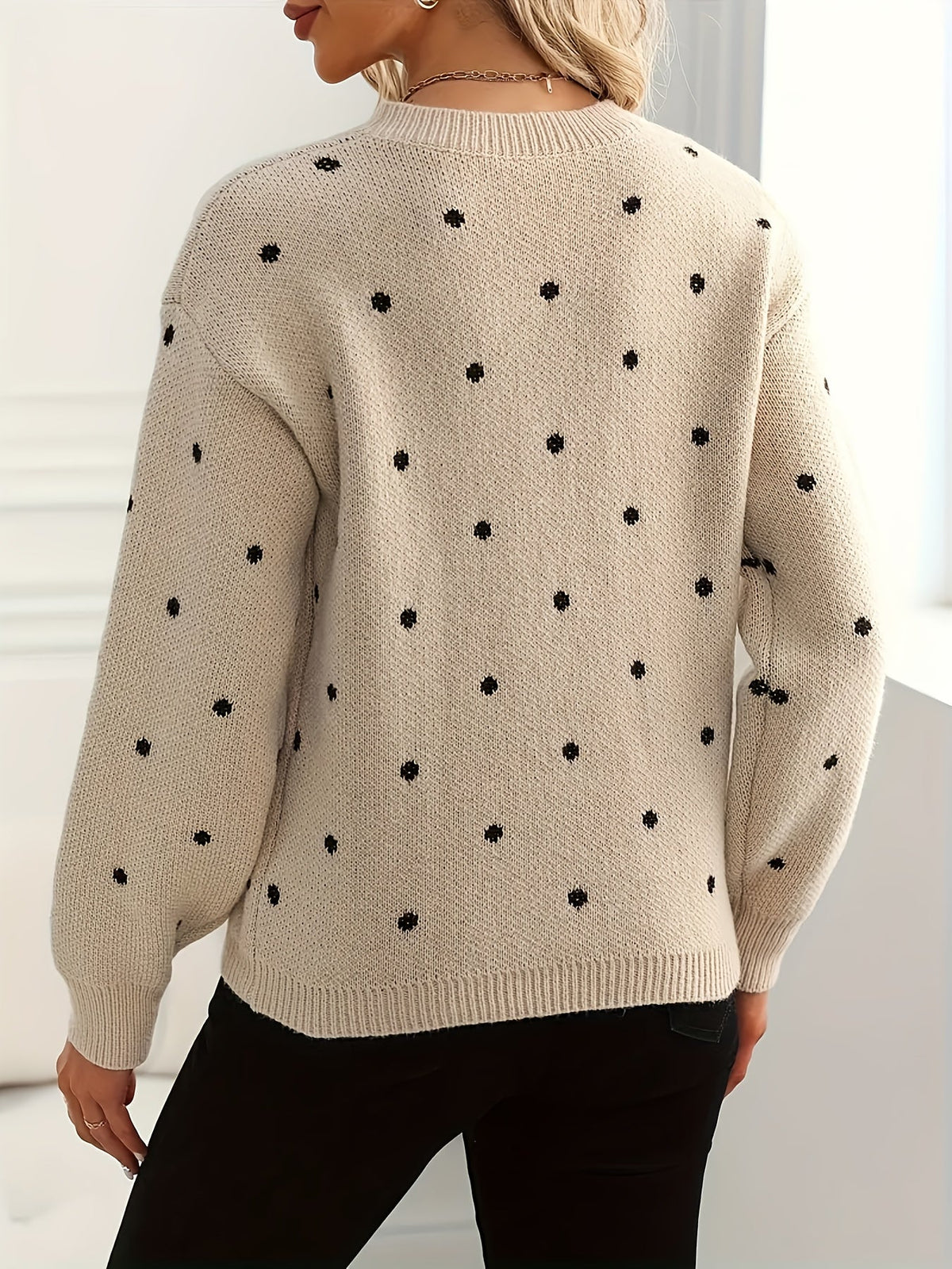 Knit Jumper Polka Dot Crew Neck Women's Beige Long Sleeve Pullover – Casual, Office, Autumn Winter