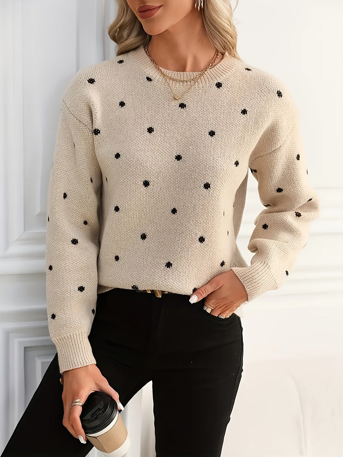 Knit Jumper Polka Dot Crew Neck Women's Beige Long Sleeve Pullover – Casual, Office, Autumn Winter