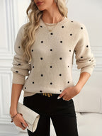 Knit Jumper Polka Dot Crew Neck Women's Beige Long Sleeve Pullover – Casual, Office, Autumn Winter