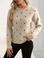 Knit Jumper Polka Dot Crew Neck Women's Beige Long Sleeve Pullover – Casual, Office, Autumn Winter