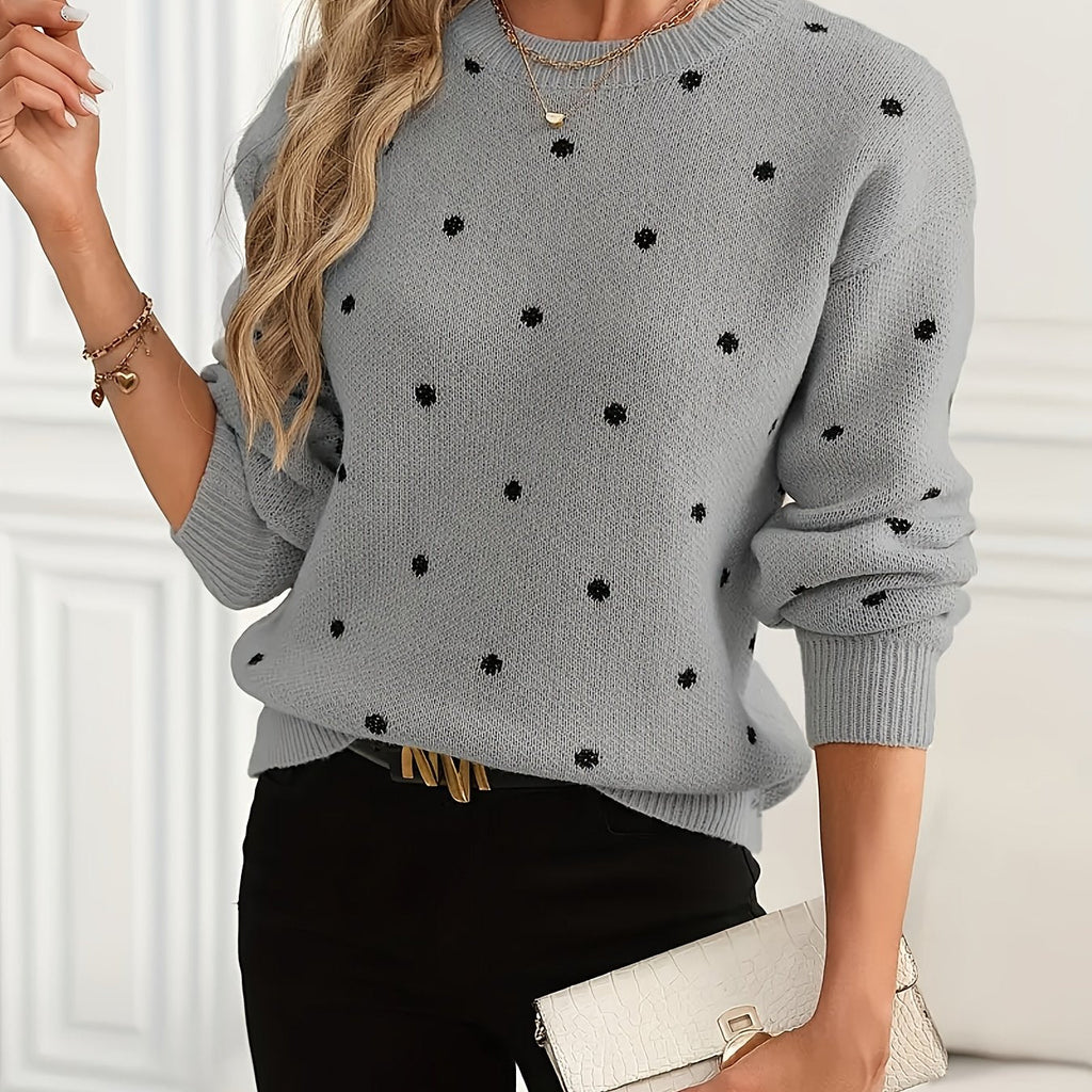 Knit Jumper Polka Dot Crew Neck Women's Beige Long Sleeve Pullover – Casual, Office, Autumn Winter