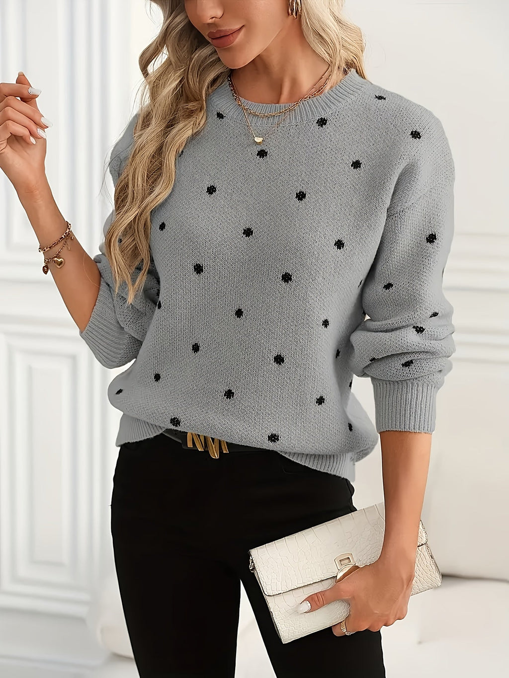 Knit Jumper Polka Dot Crew Neck Women's Beige Long Sleeve Pullover – Casual, Office, Autumn Winter