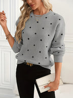 Knit Jumper Polka Dot Crew Neck Women's Beige Long Sleeve Pullover – Casual, Office, Autumn Winter