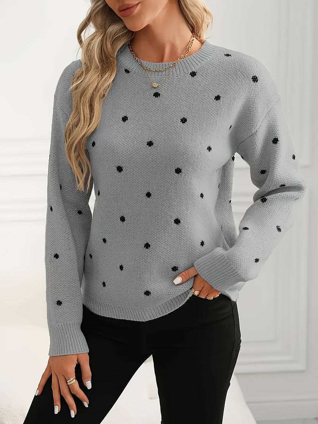 Knit Jumper Polka Dot Crew Neck Women's Beige Long Sleeve Pullover – Casual, Office, Autumn Winter