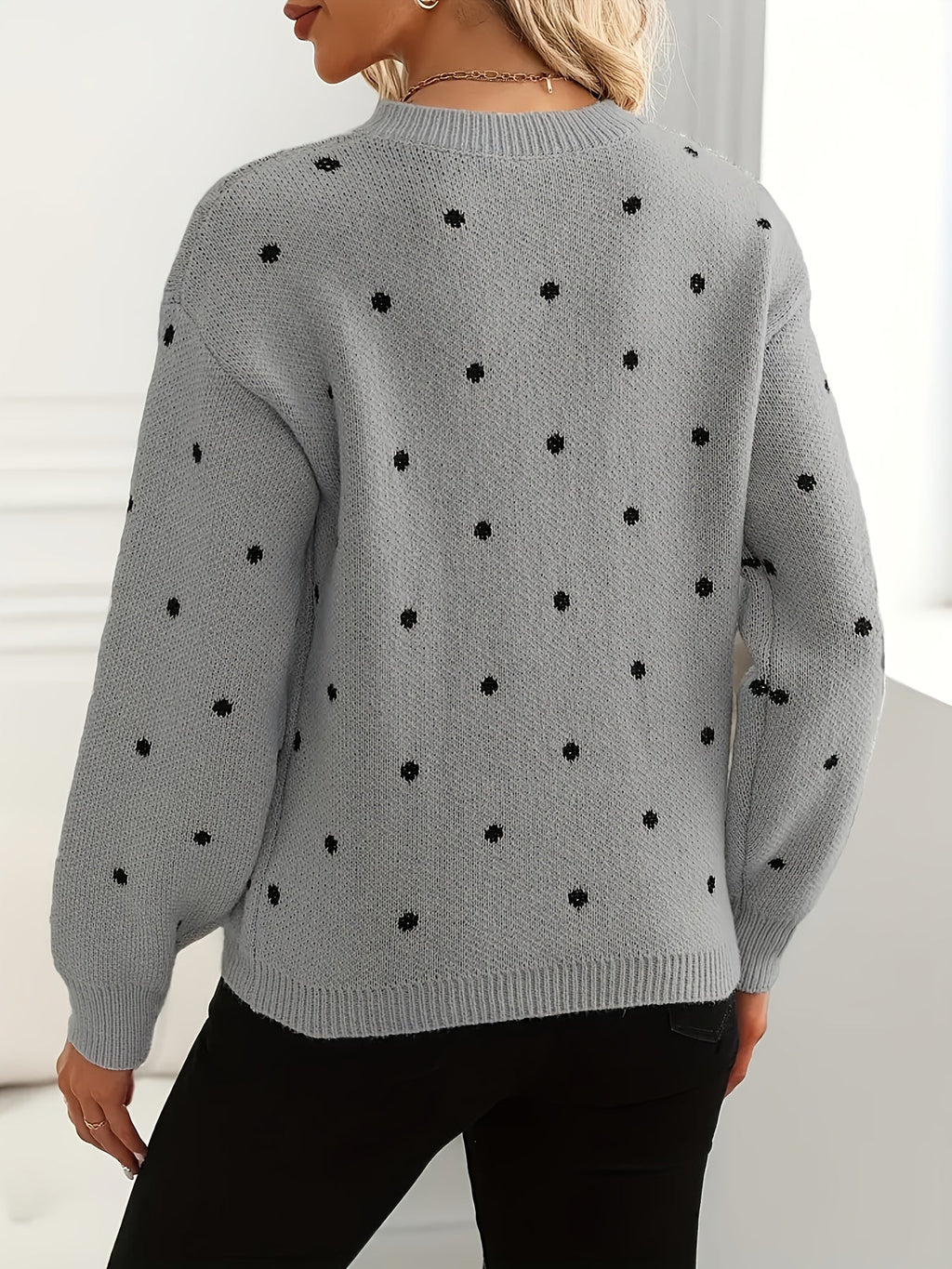 Knit Jumper Polka Dot Crew Neck Women's Beige Long Sleeve Pullover – Casual, Office, Autumn Winter
