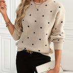 Knit Jumper Polka Dot Crew Neck Women's Beige Long Sleeve Pullover – Casual, Office, Autumn Winter