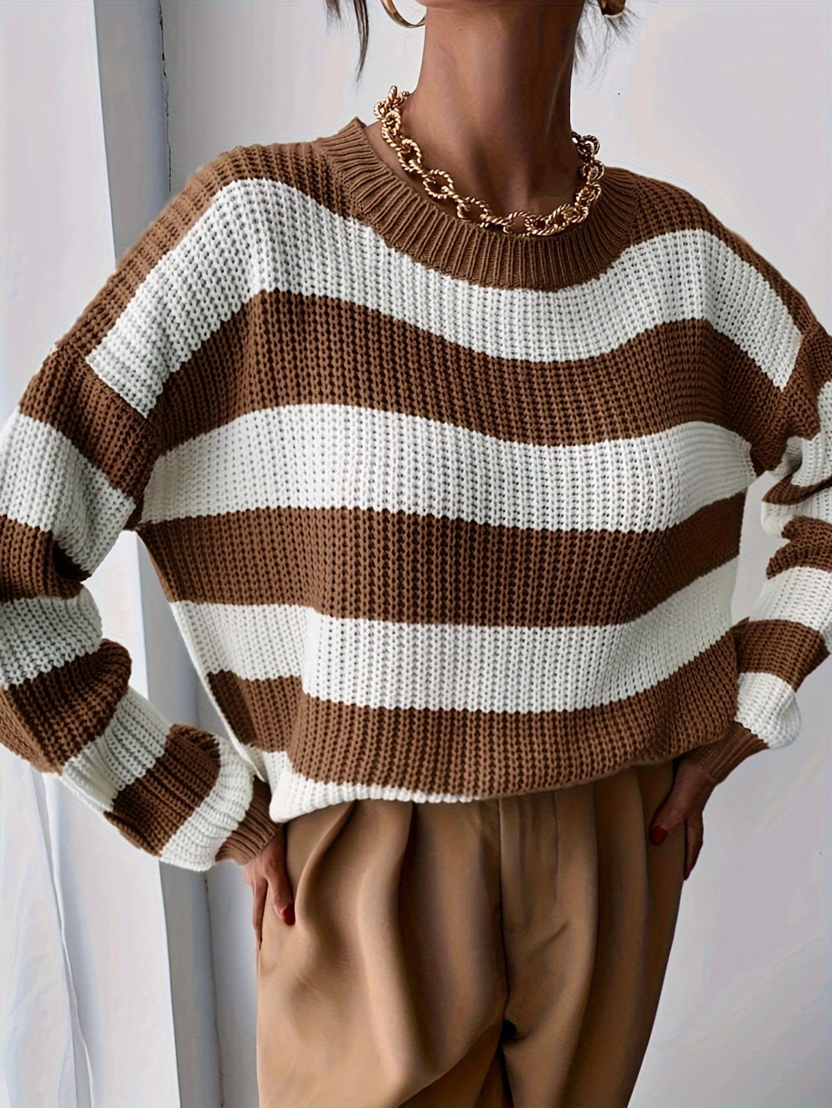 Knit Jumper Striped Beige White Women's Chunky Crew Neck Sweater – Casual, Office Everyday Wear