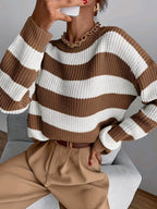 Knit Jumper Striped Beige White Women's Chunky Crew Neck Sweater – Casual, Office Everyday Wear