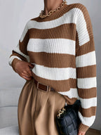 Knit Jumper Striped Beige White Women's Chunky Crew Neck Sweater – Casual, Office Everyday Wear