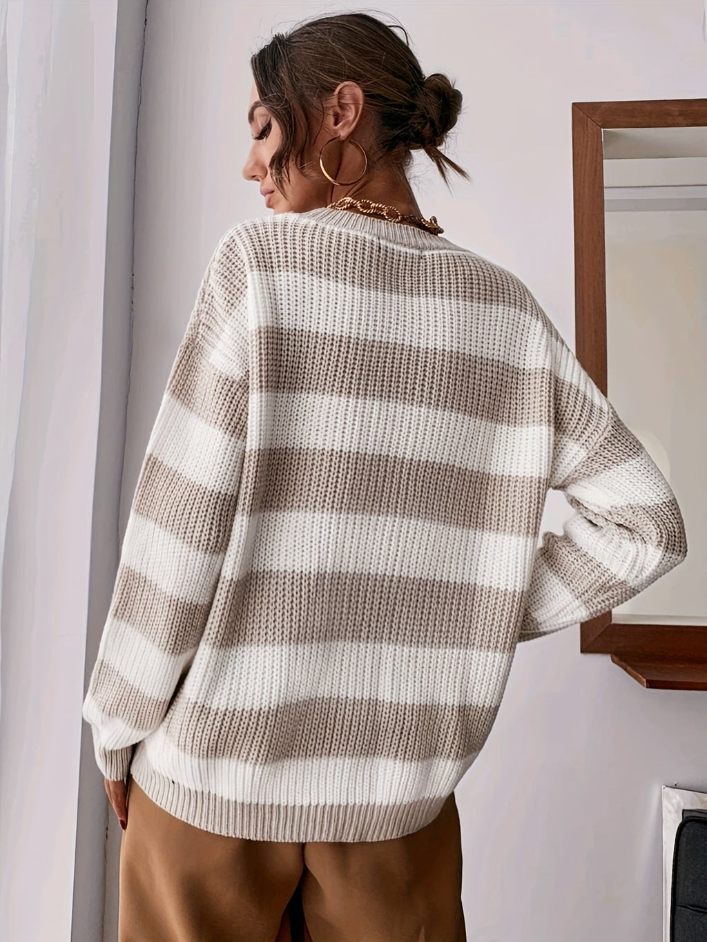 Knit Jumper Striped Beige White Women's Chunky Crew Neck Sweater – Casual, Office Everyday Wear