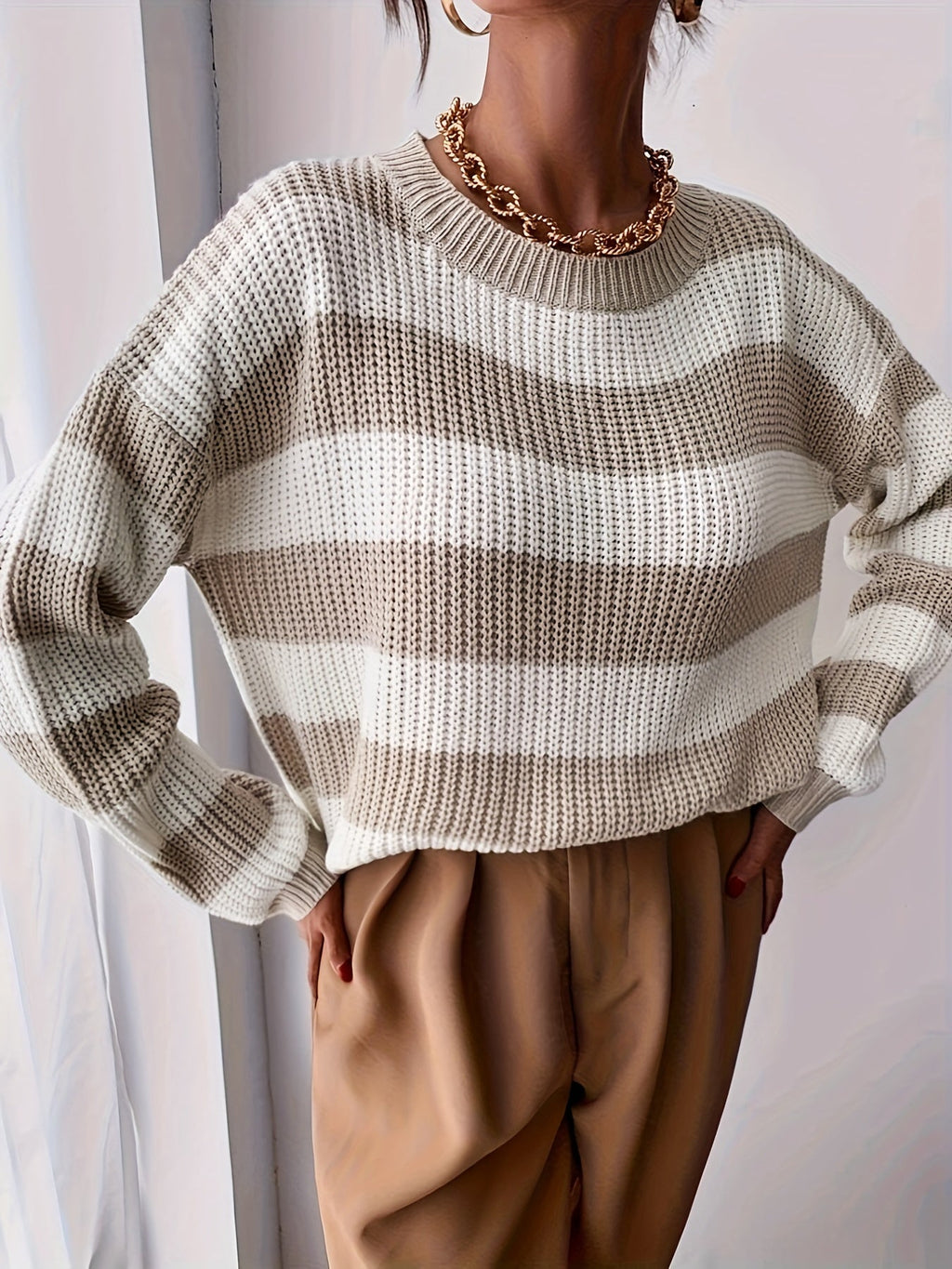Knit Jumper Striped Beige White Women's Chunky Crew Neck Sweater – Casual, Office Everyday Wear