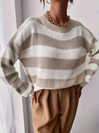 Knit Jumper Striped Beige White Women's Chunky Crew Neck Sweater – Casual, Office Everyday Wear
