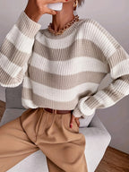 Knit Jumper Striped Beige White Women's Chunky Crew Neck Sweater – Casual, Office Everyday Wear