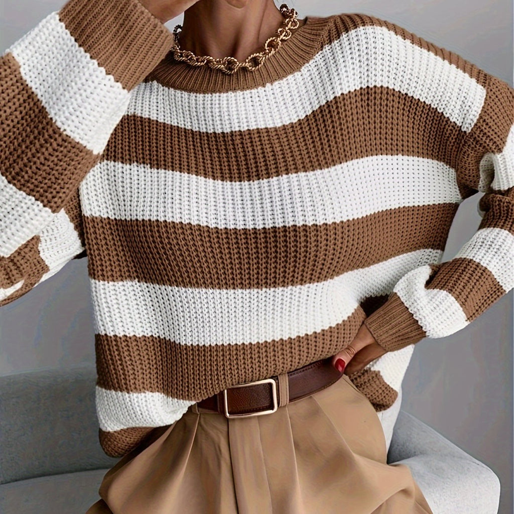 Knit Jumper Striped Beige White Women's Chunky Crew Neck Sweater – Casual, Office Everyday Wear