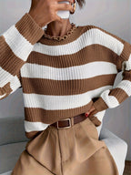 Knit Jumper Striped Beige White Women's Chunky Crew Neck Sweater – Casual, Office Everyday Wear