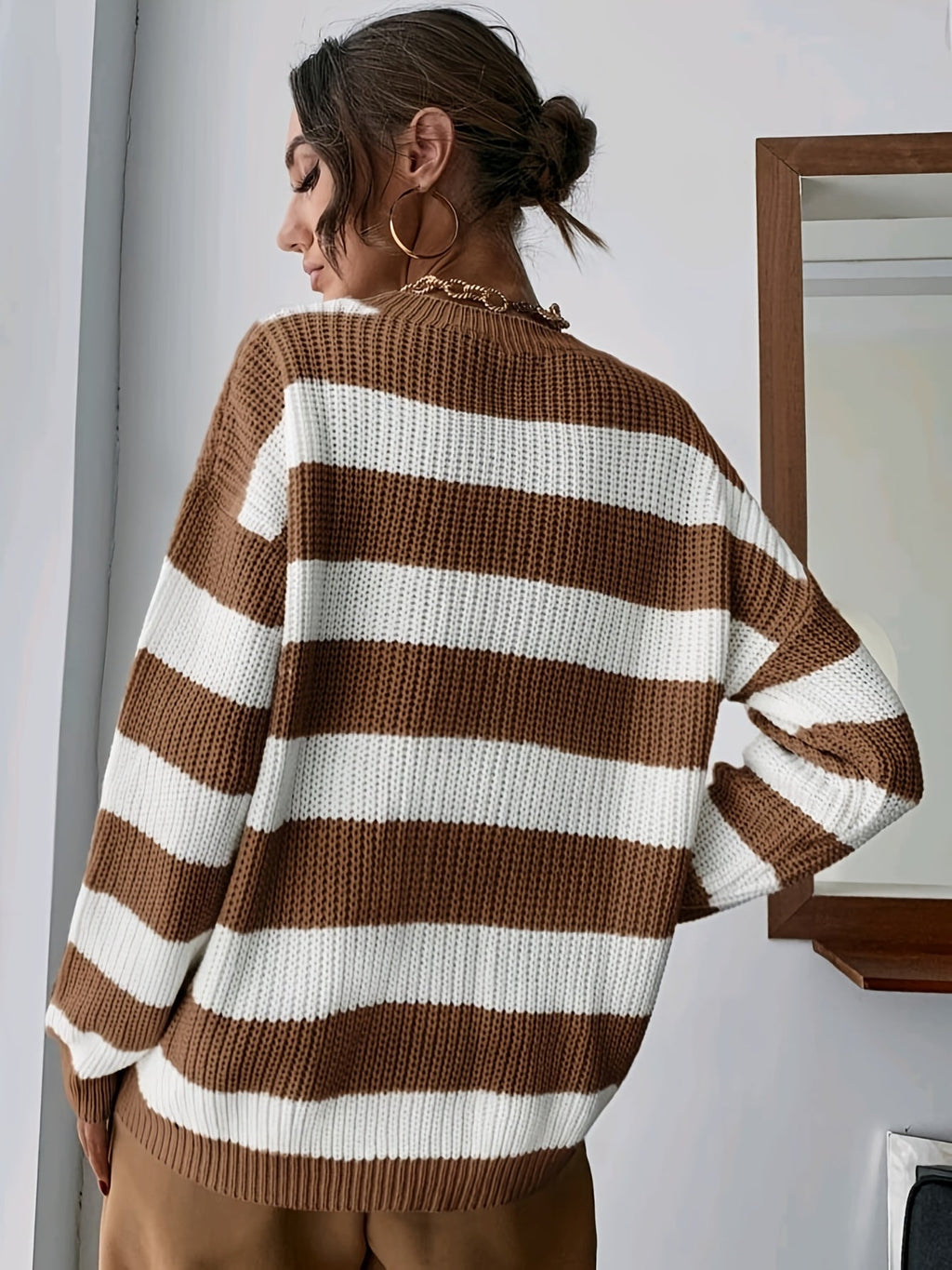 Knit Jumper Striped Beige White Women's Chunky Crew Neck Sweater – Casual, Office Everyday Wear