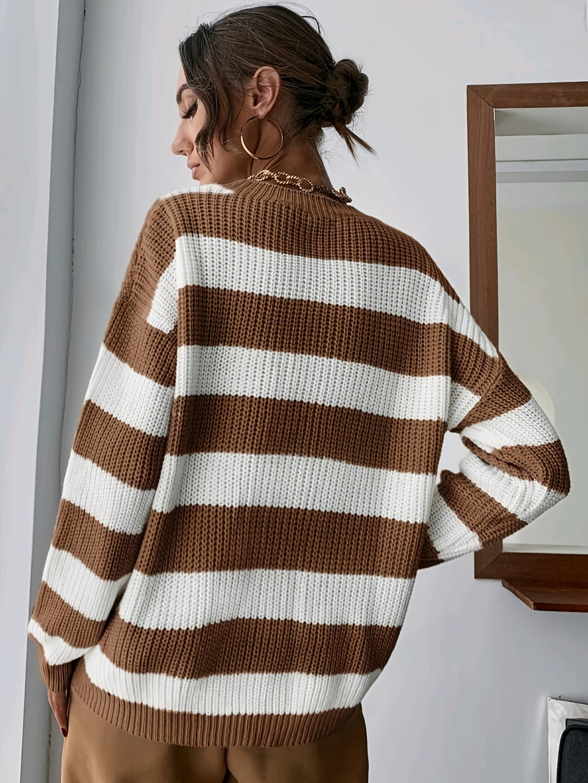 Knit Jumper Striped Beige White Women's Chunky Crew Neck Sweater – Casual, Office Everyday Wear