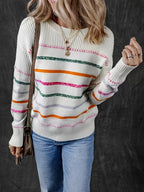 Knit Jumper Striped Ribbed Crew Neck Women's Long Sleeve Pullover – Casual, Office, Autumn Layering