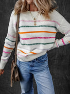 Knit Jumper Striped Ribbed Crew Neck Women's Long Sleeve Pullover – Casual, Office, Autumn Layering