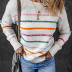 Knit Jumper Striped Ribbed Crew Neck Women's Long Sleeve Pullover – Casual, Office, Autumn Layering