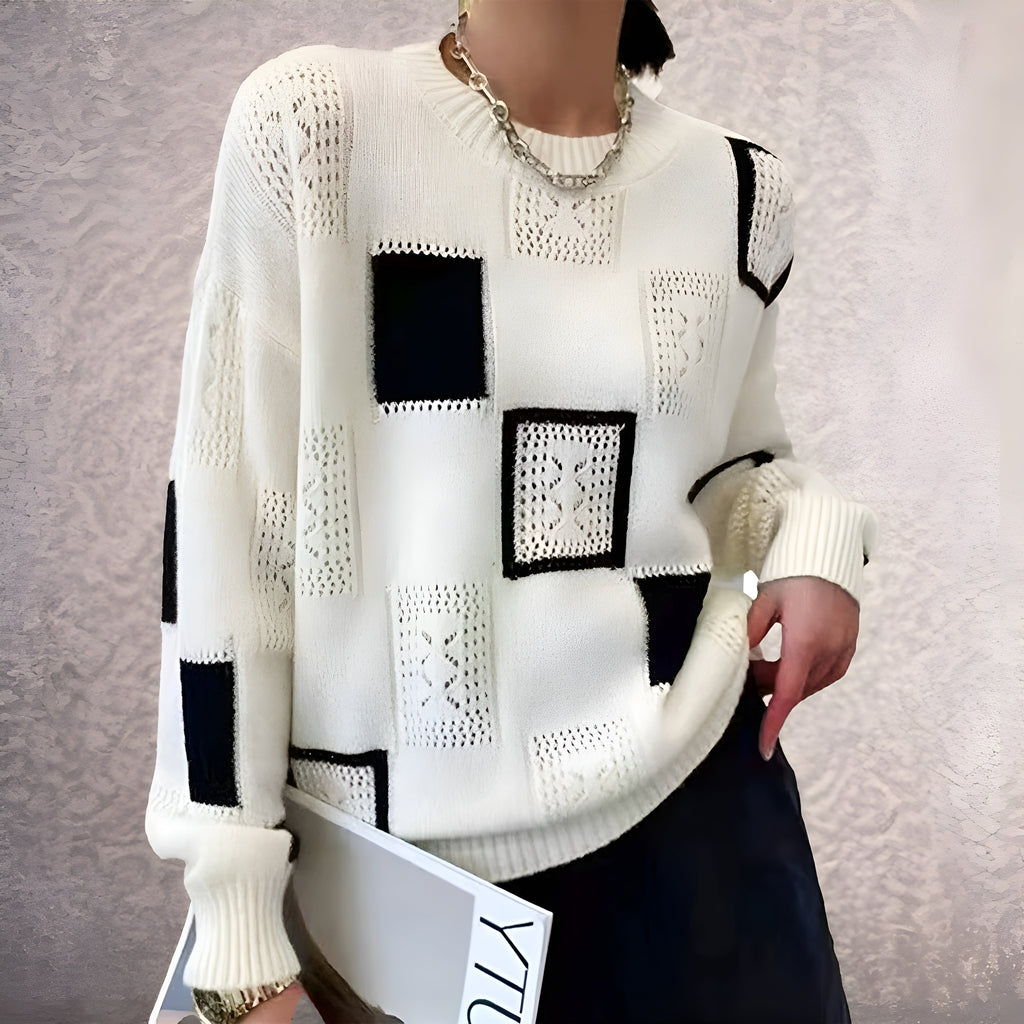 Knit Jumper White Black Geometric Patchwork Women's Long Sleeve – Casual, Office